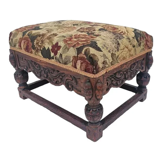American 1920s Spanish Revival Large Carved Ottoman Footstool With Floral Upholstery