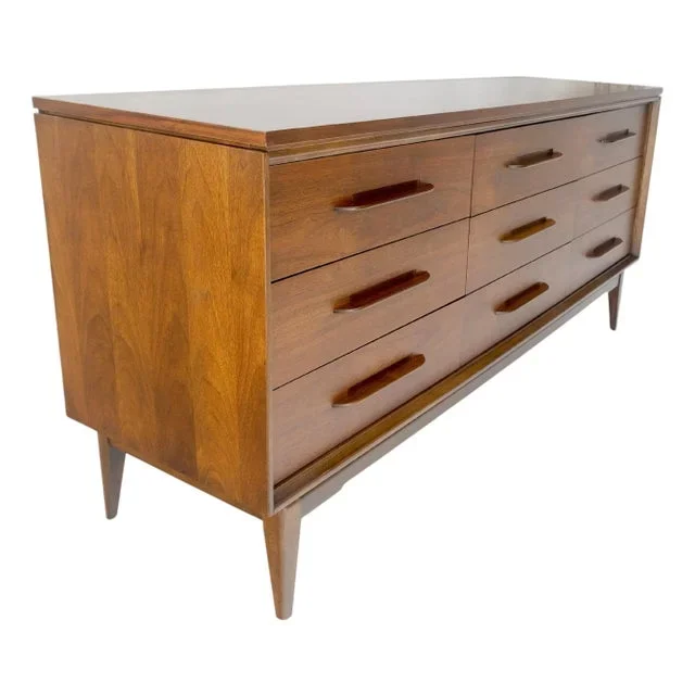 American Light Oiled Walnut 9 Drawers Sculptured Pull 66″ Long Dresser Credenza