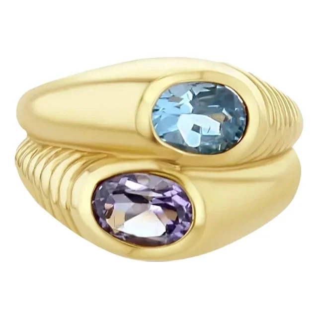 Amethyst & Blue Topaz Bypass Ring 14k Yellow Gold, Size 9