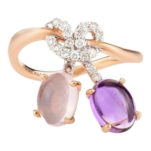 Amethyst and Rose Quartz Ring With Diamond Bow 18k Solid Rose Gold Size 7