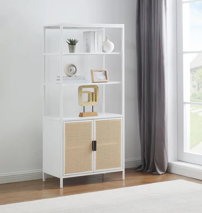 Amherst White 3-Shelf Radio Weave Cane Metal Accent Cabinet