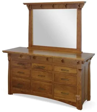Amish Crafted Solid Character Cherry Wood MaRyan 9 Drawer Dresser & Mirror Set in Amber Glow Finish