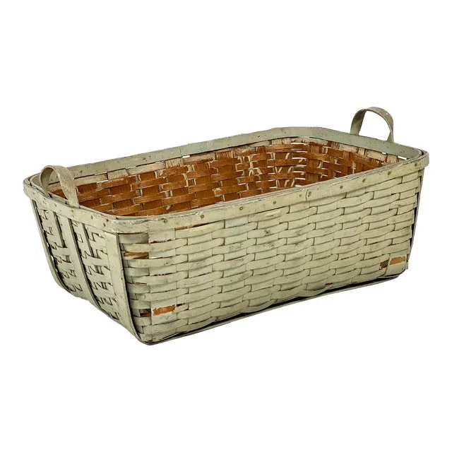 Antique 1910s XL Painted Sage Green Woven Splint Oak Gathering Harvest Farmhouse Basket