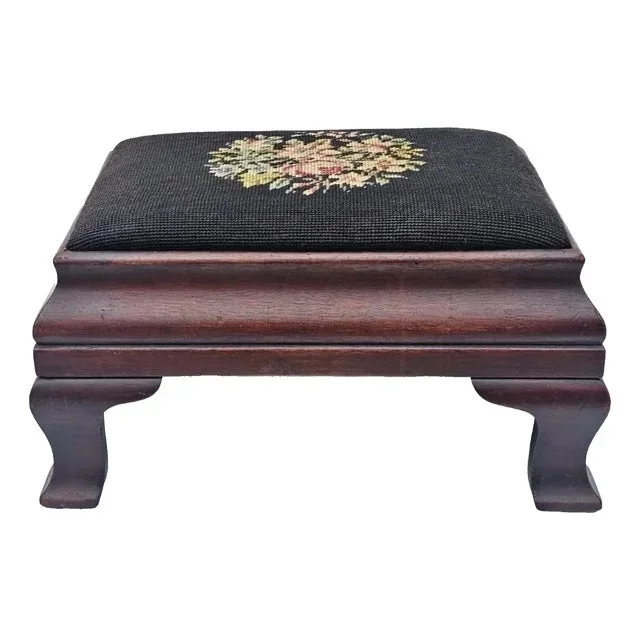 Antique 1930s Solid Mahogany Footstool W/ Floral Needlepoint Colonial Revival
