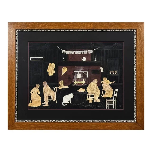 Antique 19th C. Folk Art Black Americana Birch Bark Collage by Edward W. Merrill