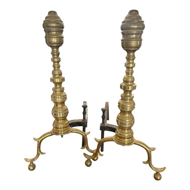 Antique 19th Century Classic Tall Beehive Brass Andirons With Exaggerated Ball Feet- a Pair