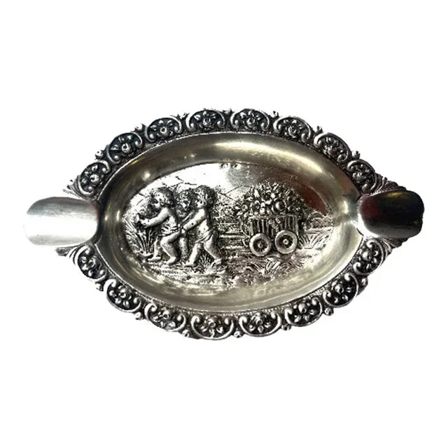 Antique 800 Repousse Silver Cherubs Pulling Flower Cart Ashtray Catchall