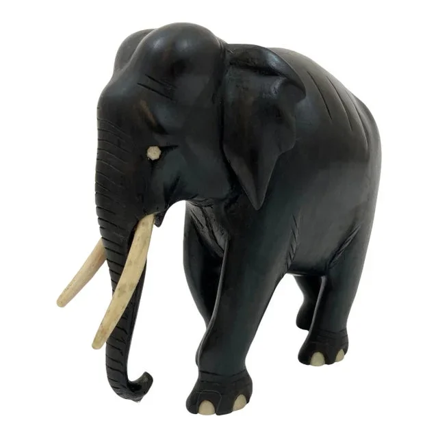 Antique Anglo Indian Elephant Black Ebonized Wood Hand Carved Sculpture