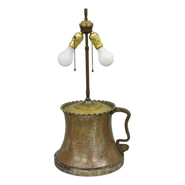 Antique Anglo Indian Moroccan Hammered Copper Pitcher With Handle Table Lamp
