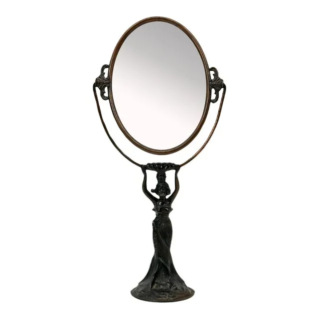 Antique Art Nouveau Bronze Figural Woman Vanity Mirror