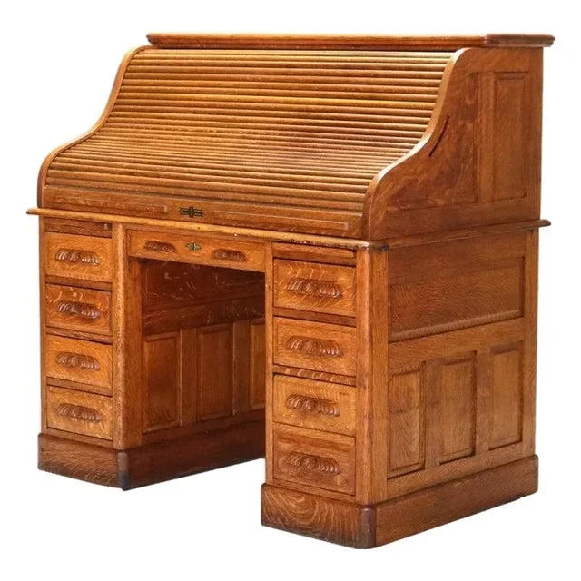 Antique Arts & Crafts Oak Raised Panel S Roll Top Desk C1900