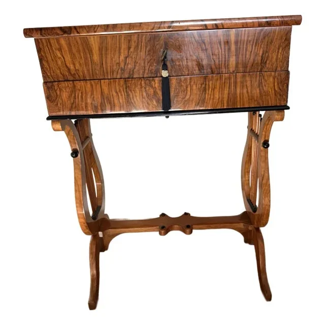 Antique Biedermeier Walnut Side/Sewing Table 1815-1845 With Lyre Shaped Legs