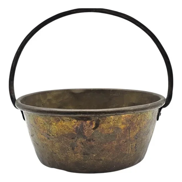 Antique Brass Cauldron Jam Pot Iron Handle Riveted Hearth Kettle 12.5″ Diameter