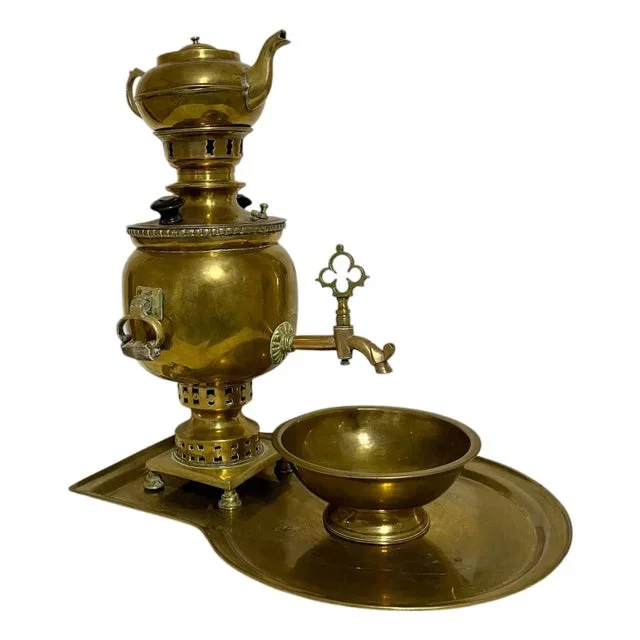 Antique Brass Samovar Set With Teapot – 4 Pieces