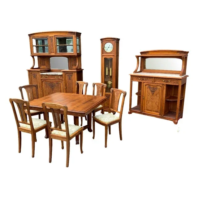 Antique Buffet with Sideboard and Grandfather Clock and Table and Chairs, 1890s, Set of 6
