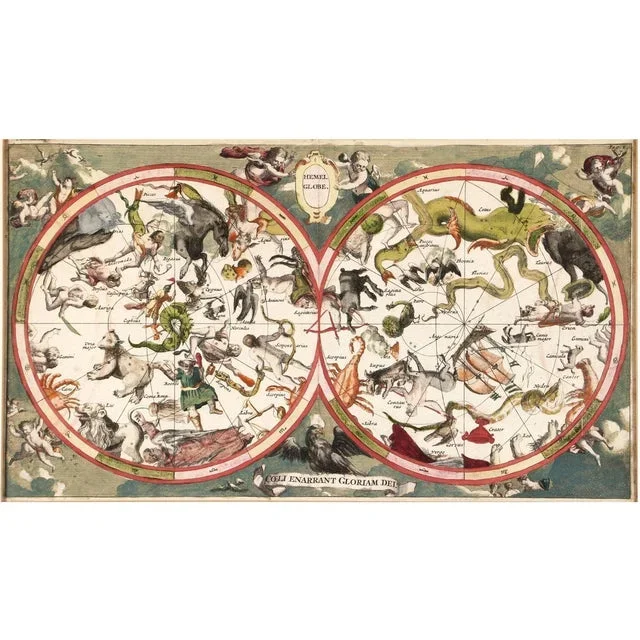Antique Celestial Zodiac Map with Stars and Hemel Globe, 1720