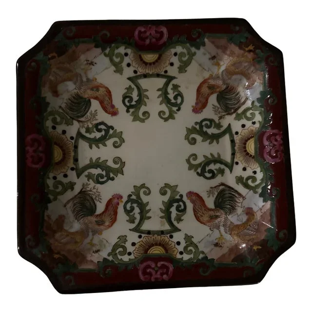 Antique Chinese Asian Ceramic Hand Painted Roosters Plate