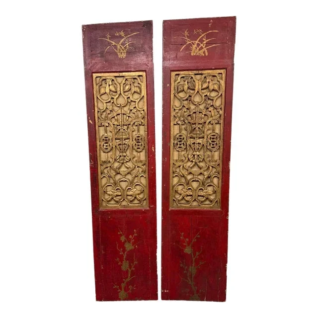 Antique Chinese Carved Gilt Red Lacquer Panels, Pair