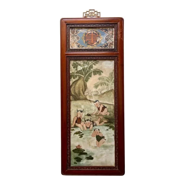 Antique Chinese Hand Painted on Marble Slab Hanging Wall Panel