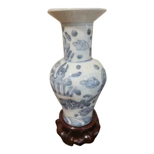 Antique Chinese Porcelain Blue & White Small Vase With Koi
