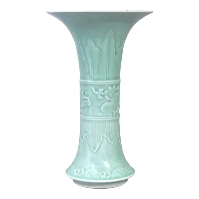 Antique Chinese Qing Green Celadon Relief Decorated Gu Shape Porcelain Vase 1850