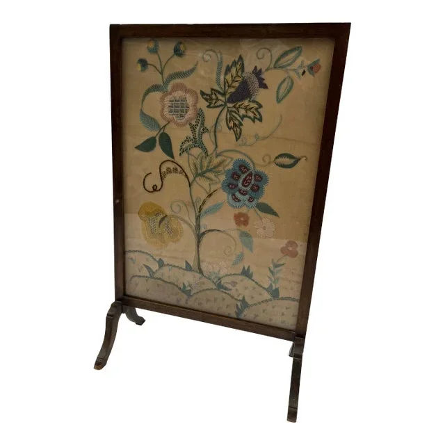 Antique Crewel Work Wood Framed Fire Screen