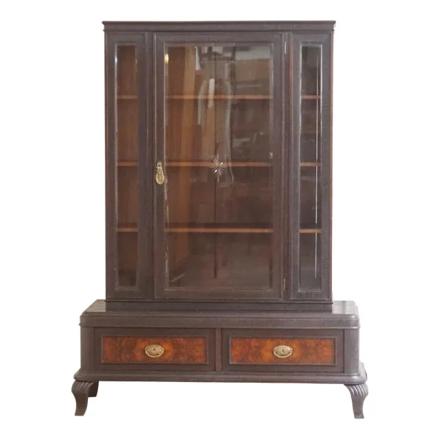 Antique Display Cabinet with Inlays and Cut Glass, 1930s