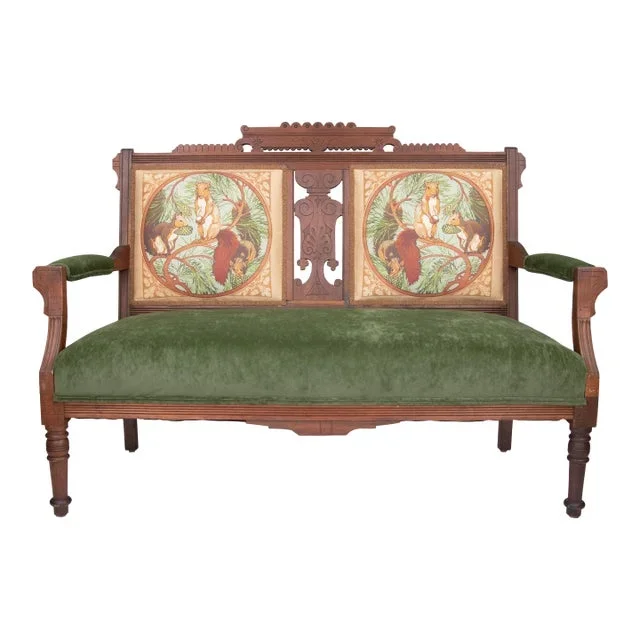 Antique Eastlake Settee Featuring Custom Squirrel Upholstery
