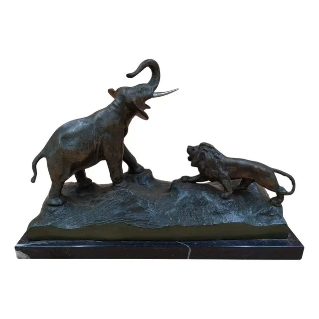 Antique Elephant and Lion Bronze Figure