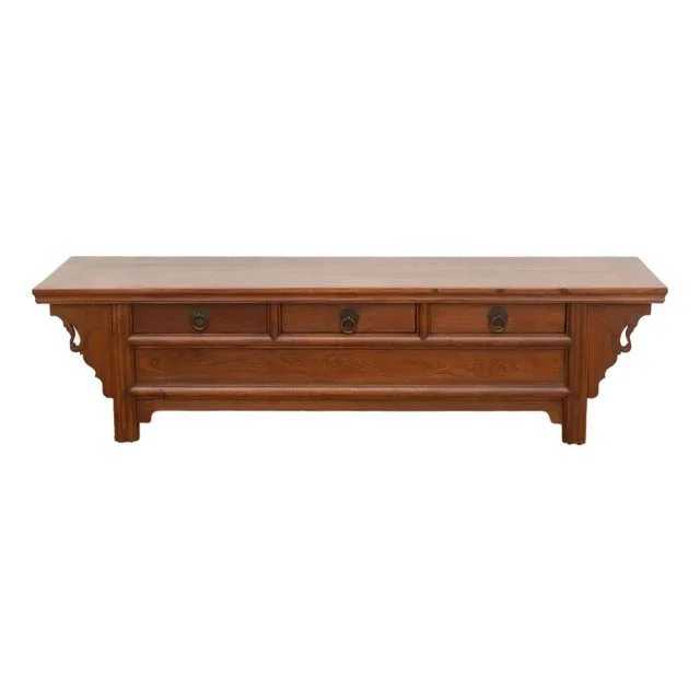 Antique Elm Low Kang Table With 3 Drawers