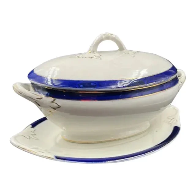Antique English Gravy Boat With Colbalt Blue Stripe