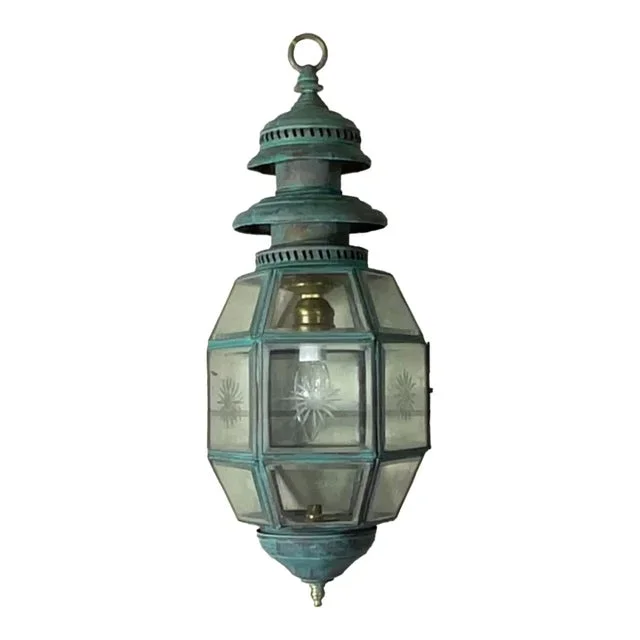 Antique English Solid Brass & Glass Starburst Hanging Lantern – Pendant