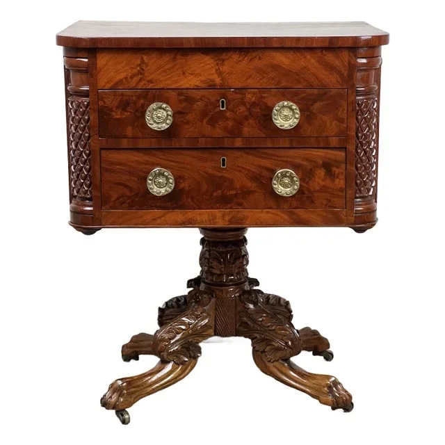 Antique Federal Period Mahogany Work Table With Pineapple Carved Pillars C. 1840
