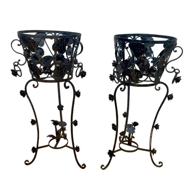 Antique French Black Wrought Iron Planters – Set of 2