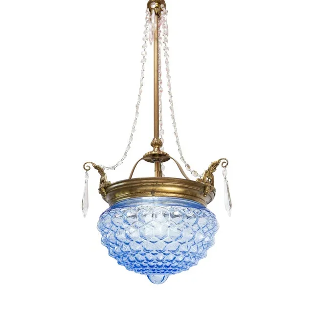 Antique French Blue Glass Tulip Pendant, 1900
