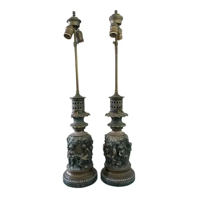 Antique French Bronze Frieze Table Lamps