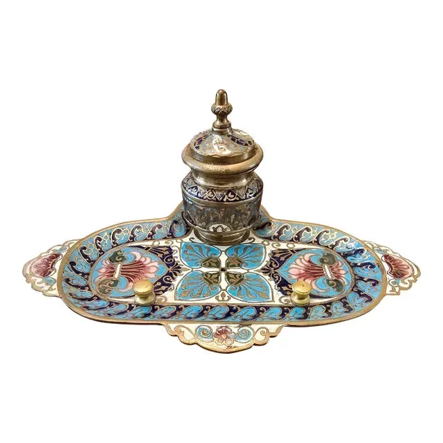 Antique French Champleve Enamel Bronze Inkwell