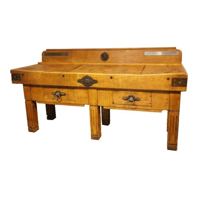 Antique French Double Butcher Block Table With Iron Mounts, Circa 1920s