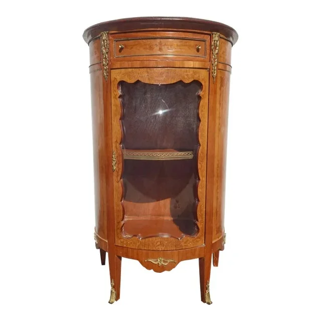 Antique French Louis XV Display Cabinet Vitrine W Marquetry Inlay Brass Accents