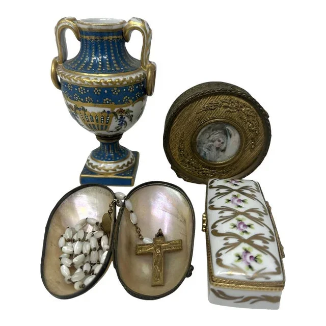 Antique French Ormolu Casket Jewelry Box Sevres Urn Vase Religious Rosary Beads