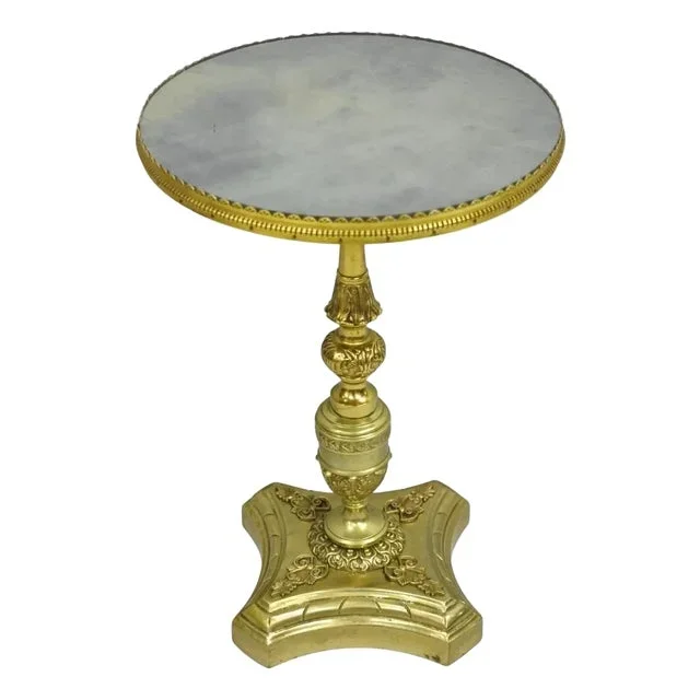Antique French Victorian Solid Brass Round Glass Top Small Pedestal Side Table