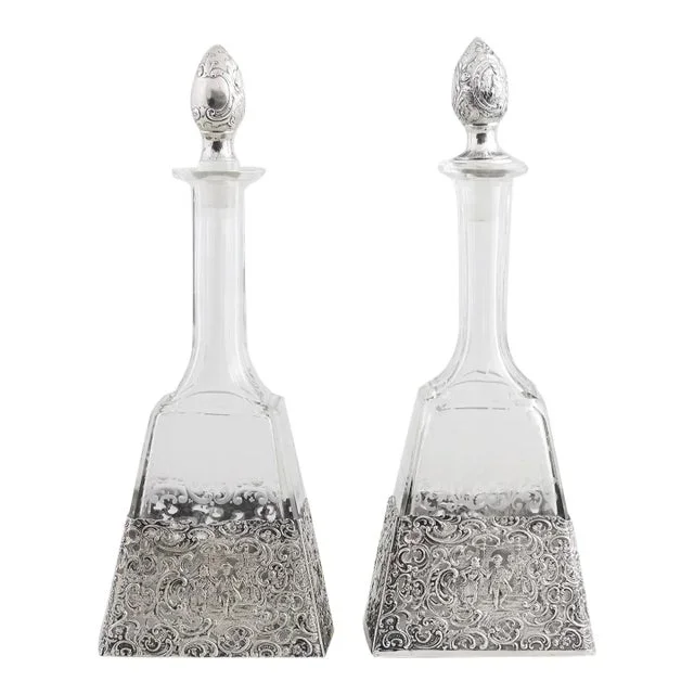 Antique German Silver Overlay & Etched Glass Barware Decanter