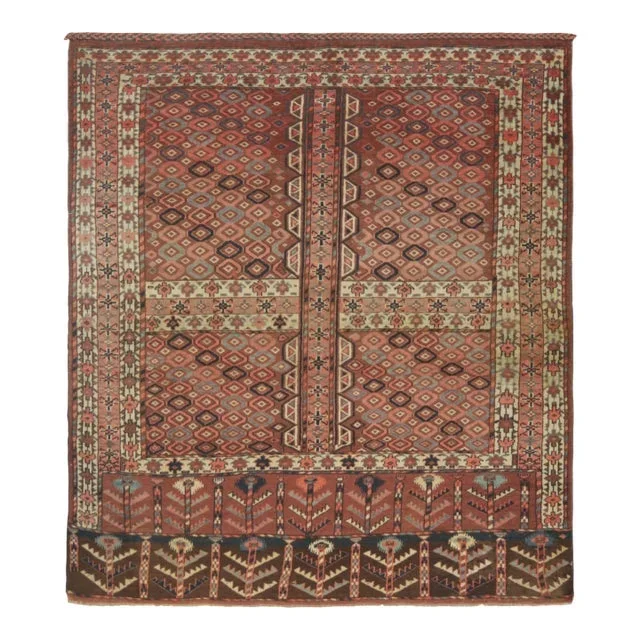 Antique Hachli Persian Rug, Brown and Red With Geometric Patterns – Rug & Kilim