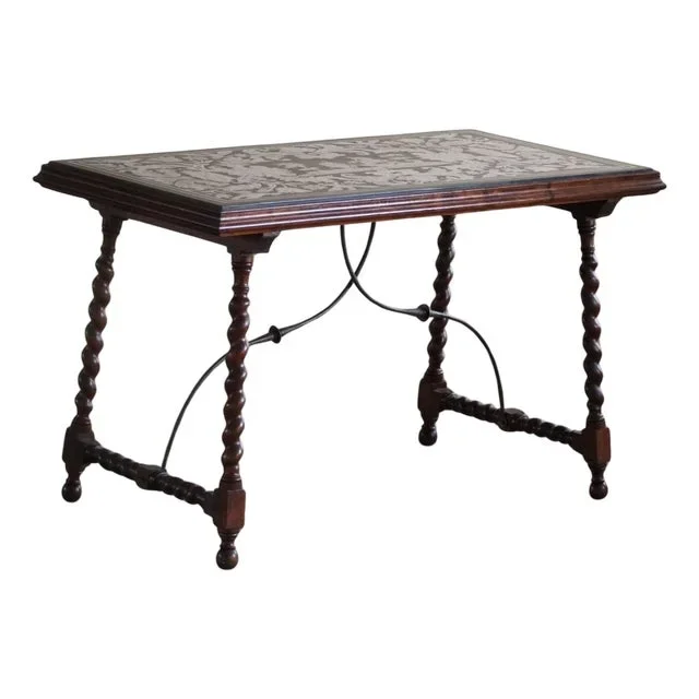 Antique Italian Center / Desk Table in Walnut & Marble, Naples, 19th Century