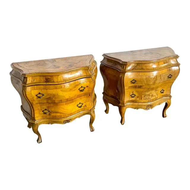Antique Italian Olive Wood Veneer Bombe Commodes/Nightstands – a Pair