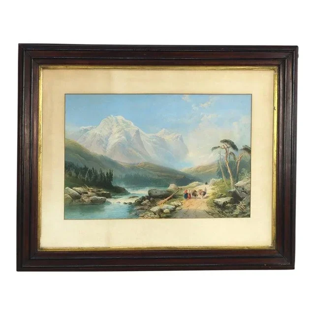 Antique Italian Watercolor Landscape Scene With Ebonized Walnut Frame C1890