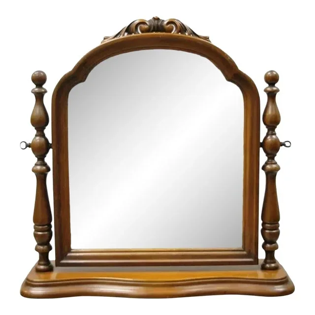 Antique Jacobean Depression Era Walnut Vanity Dresser Pivoting Shaving Mirror