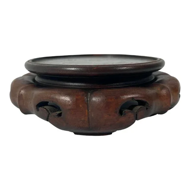 Antique Japanese Hand Carved Lotus Form Hard Wood Stand or Pedestal With Auspicious Bats 4.25″
