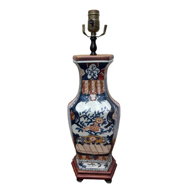 Antique Japanese Imari Lamp With Wood Base
