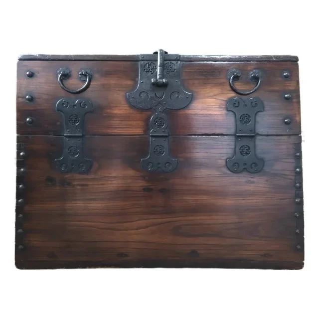 Antique Korean Blanket Chest With Calligraphy-Lined Interior & Hand-Forged Hardware